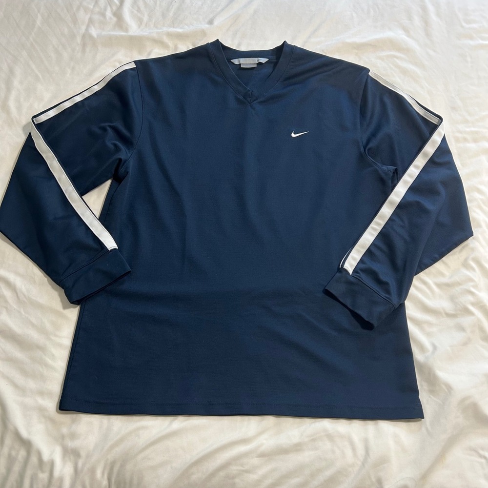 Nike Mens V-Neck Long Sleeve Athletic Shirt Navy Blue White Stripe Large